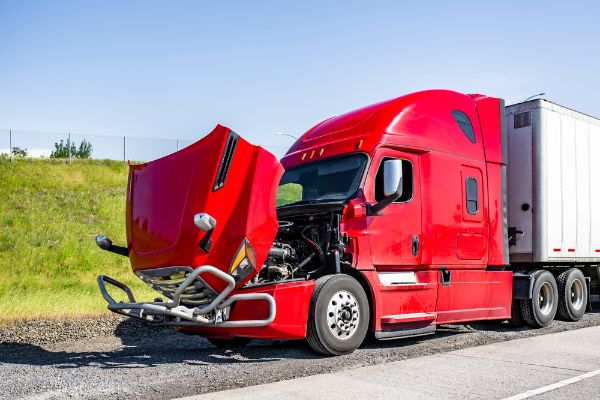 Red broken big rig semi truck with open hood and dry van semi trailer standing out of service