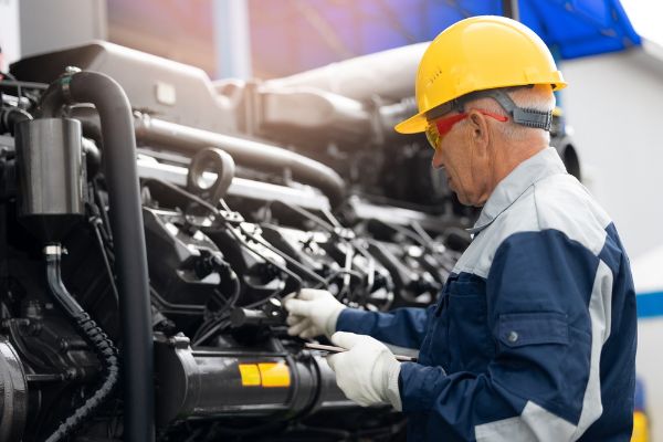 Mechanic with tablet computer diagnostics of diesel engine from industrial truck in garage