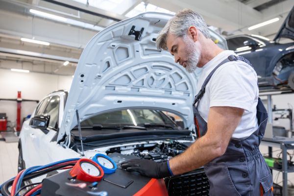 Repair man in an auto shop running a test on the heating and cooling system