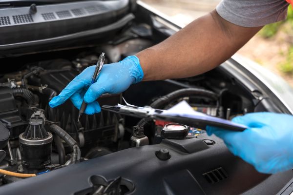 Close up mechanic man with blue rubber gloves checking car problem lists in auto repair garage