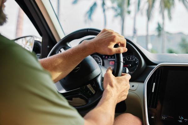 Person driving a car with hands on the steering wheel in a tropical setting
