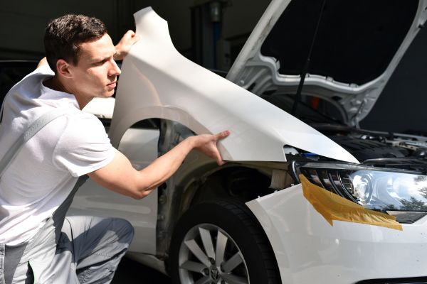 body shop mechanic fits a new part on a damaged vehicle