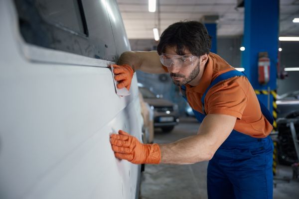 An auto body mechanic inspecting Hard Plastic Damage on a vehicle