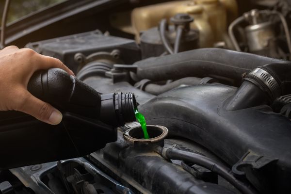 Mechanician hand filling pre-mixed green coolant into the radiator and car cooling system.