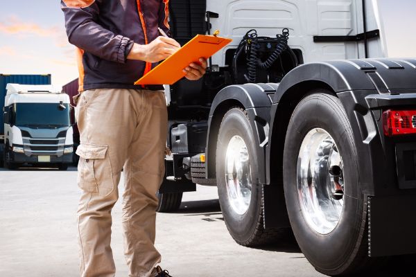 a diesel mechanic conducting an annual inspection on a diesel truck