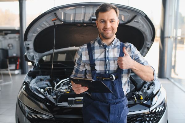 happy mechanic under hood with maintenance checklist