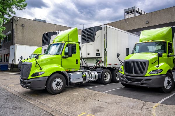 Industrial green big semi trailer standing in the warehouse dock gates